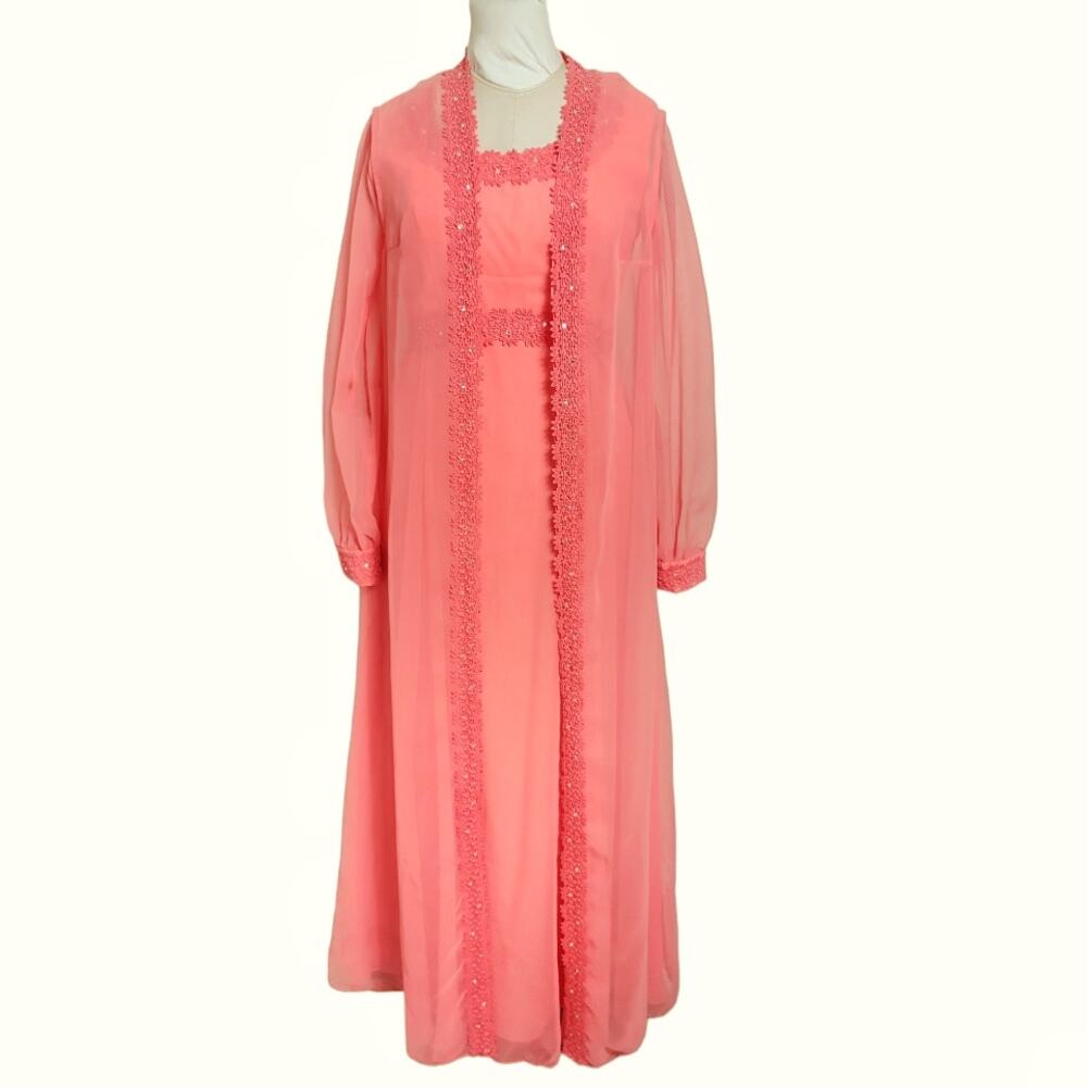 Vintage 2 Piece Long Maxi Evening Dress Matching Vest Coral Orange Chiffon 70s - Picture 1 of 13
